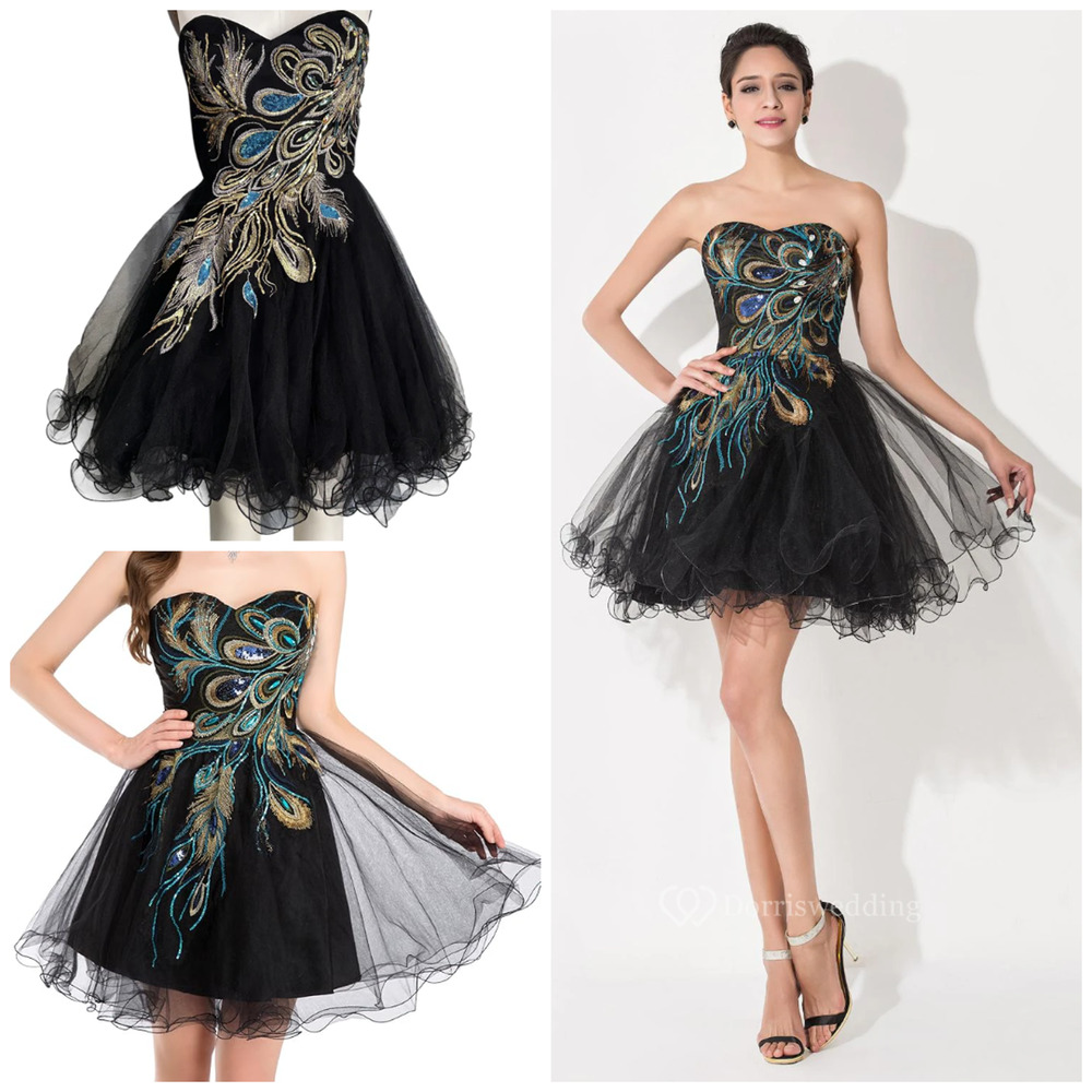 Y2k Strapless Dress 2 Black Sweetheart Short Tulle Peacock Whimsigoth Fairygoth